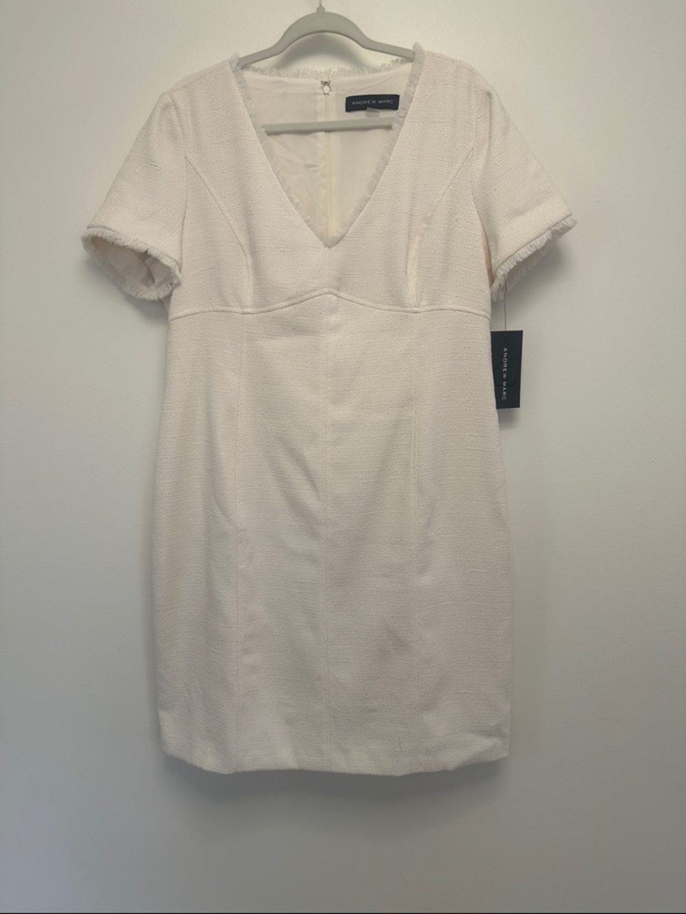 Andrew Marc Cream V-Neck Short Sleeve Mini Dress with Fringe Trim